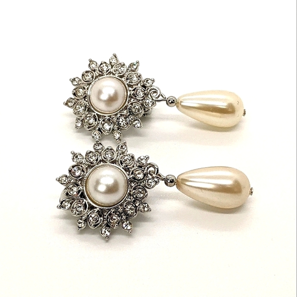 ERWIN PEARL Vintage Rhinestone Sunburst Faux Pearl Teardrop Drop Earrings